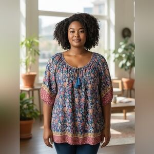 Cynthia Rowley Womens Boho Floral Short Sleeve Top Multicolored Size 1X